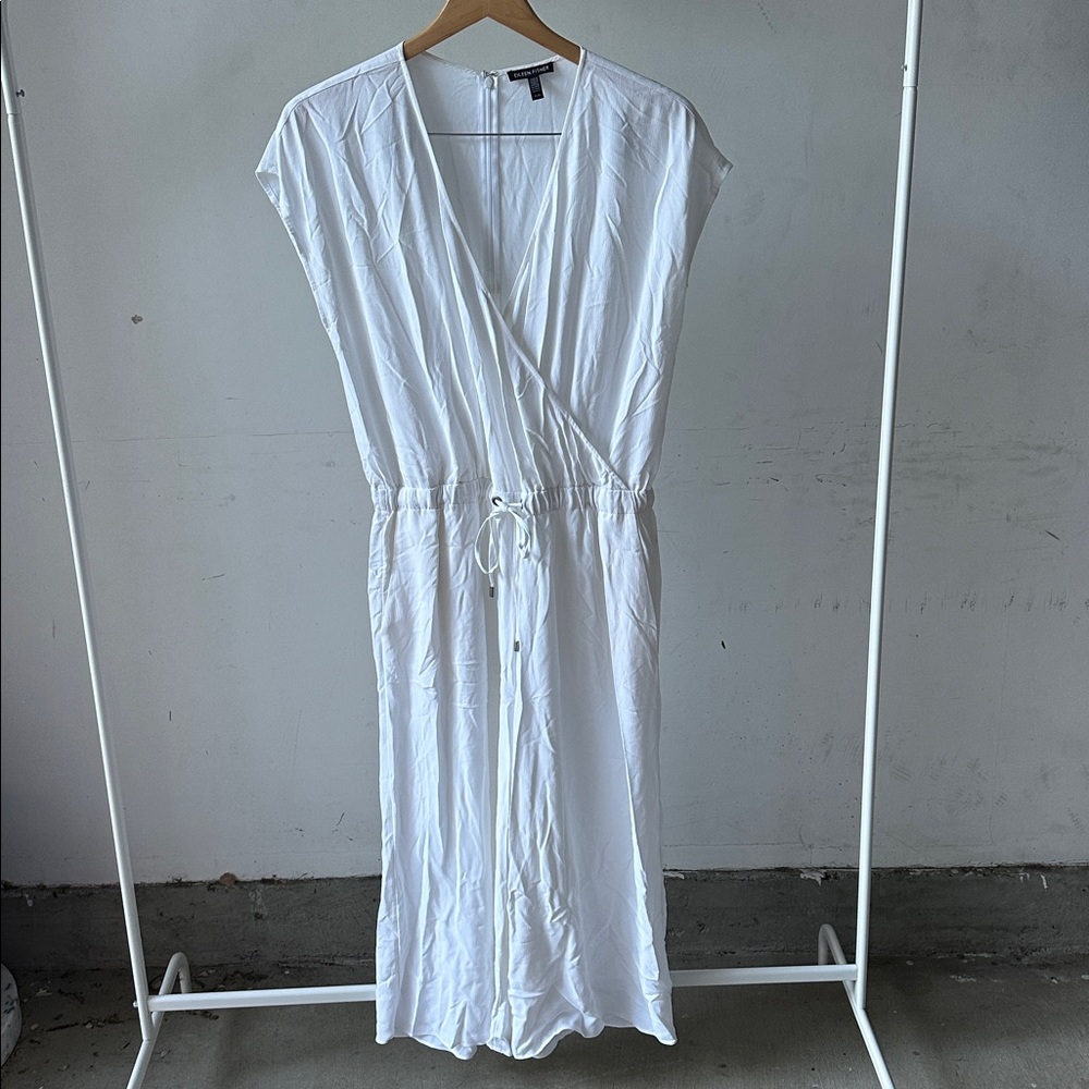 Eileen Fisher White Wide Leg Crepe Romper with Drawstring